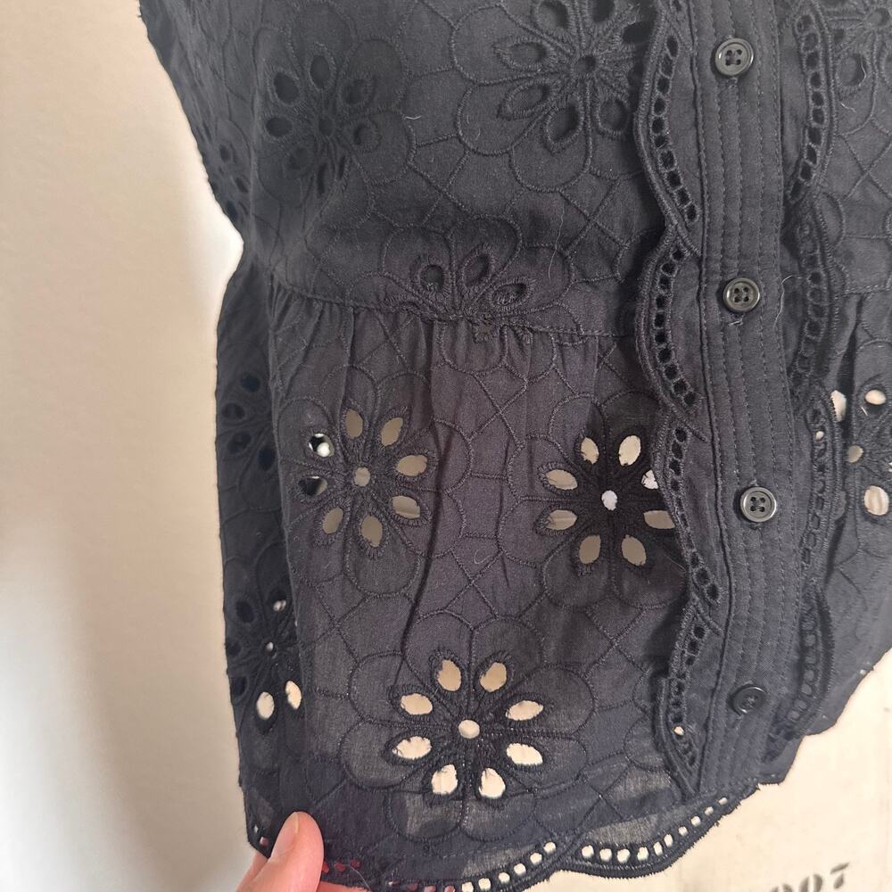 The Kooples | NWT Black Cotton Eyelet Peplum Top Size XS/S Button Front - Picture 8 of 11